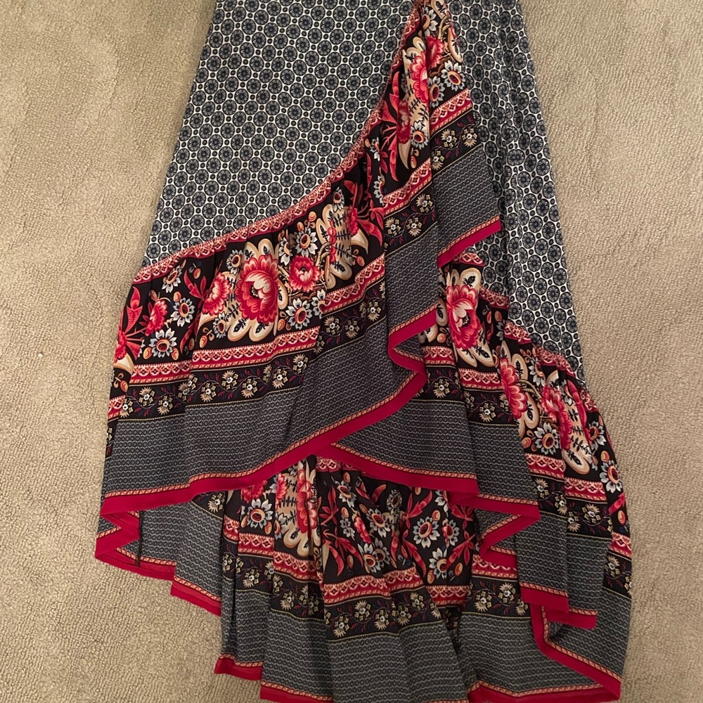 The Pyramid Collection Asymmetrical Skirt with Red and Black Floral Design